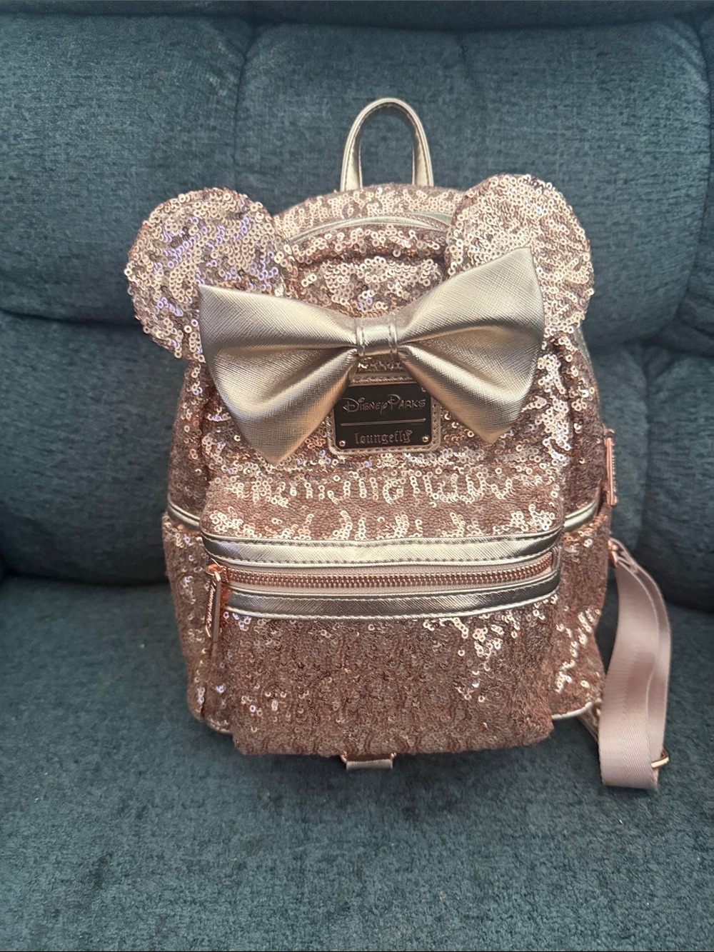 Loungefly Rose Gold Sequin Mini Backpack with Bow and Ears